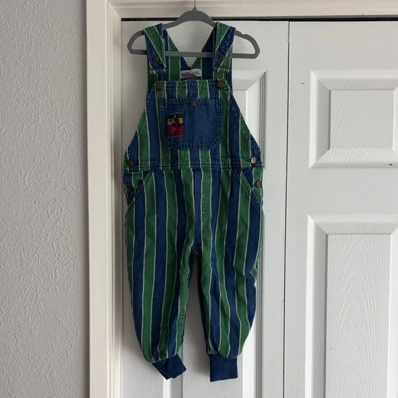 VINTAGE Gymboree Blue & Green Striped Denim Hockey Overalls - Picture 3 of 10